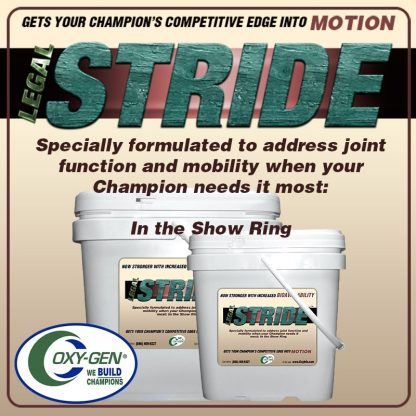 Legal Stride Livestock Supplement Helps Improve Joint Function In Your Champion. Restores Fluid Motion, Promotes Flexibility, Decreases Discomfort.